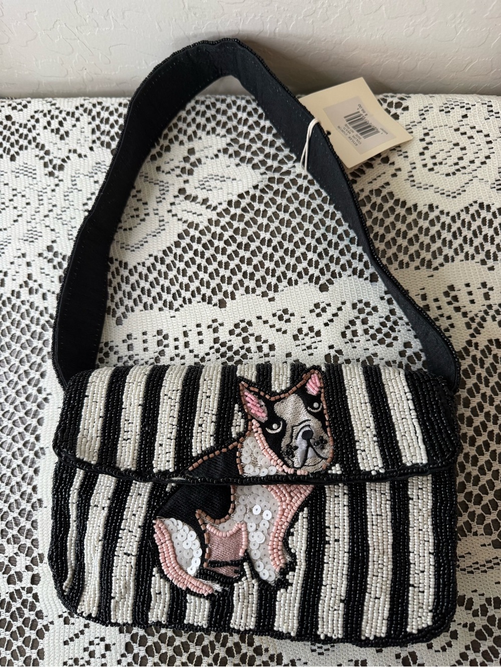 Black & White Beaded Dog Stripe Shoulder Bag